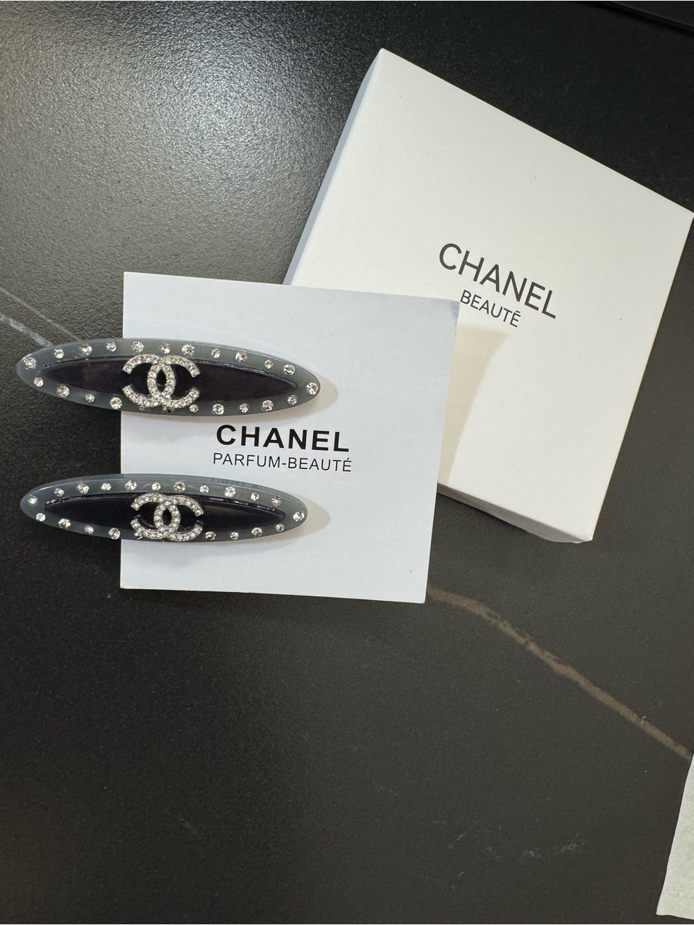 Chanel Black Crystal-Embellished Logo Hair Clips - Pair (set of 2) - Picture 7 of 8